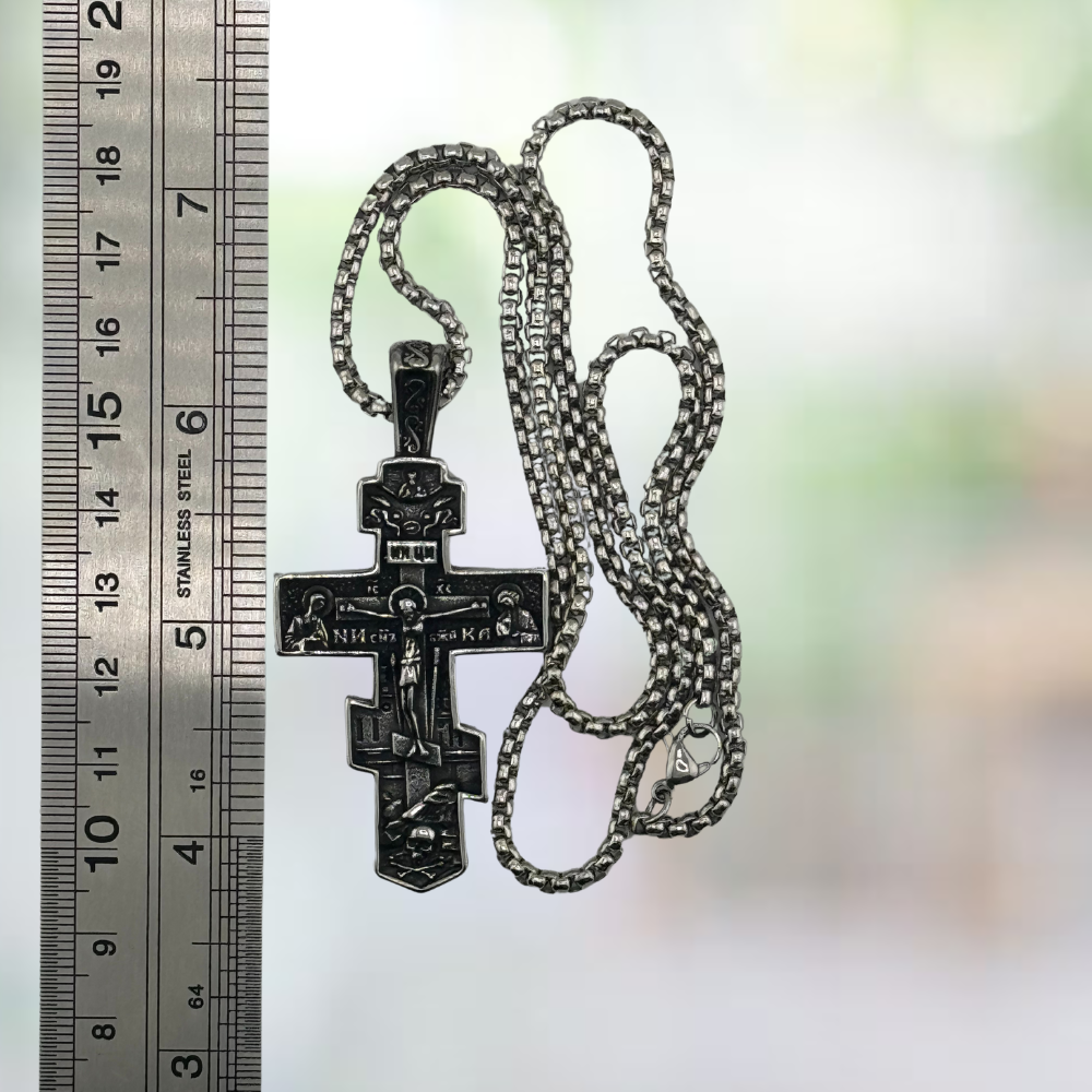 Divine Glitter: Stainless Steel Orthodox Cross Pendant with Chain Divine Glitter: Stainless Steel Orthodox Cross Pendant with Chain